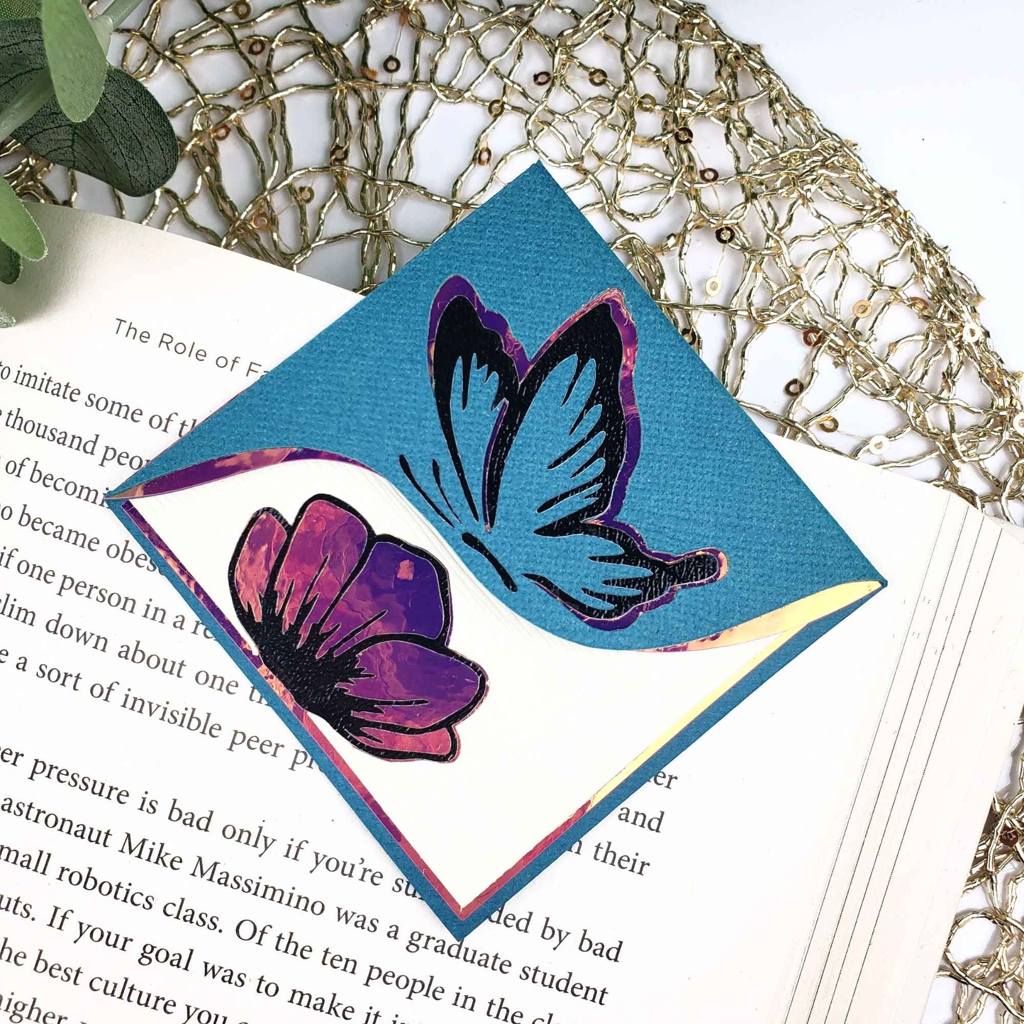 Teal Butterfly Poppy Signature Corner Bookmark