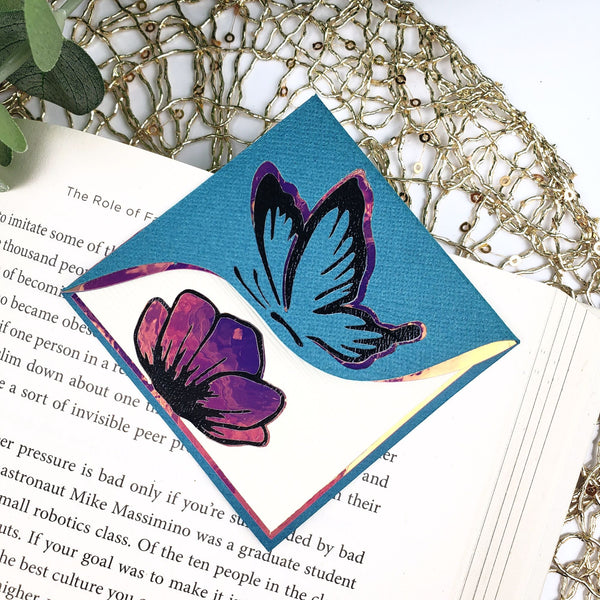 Teal Butterfly Poppy Signature Corner Bookmark