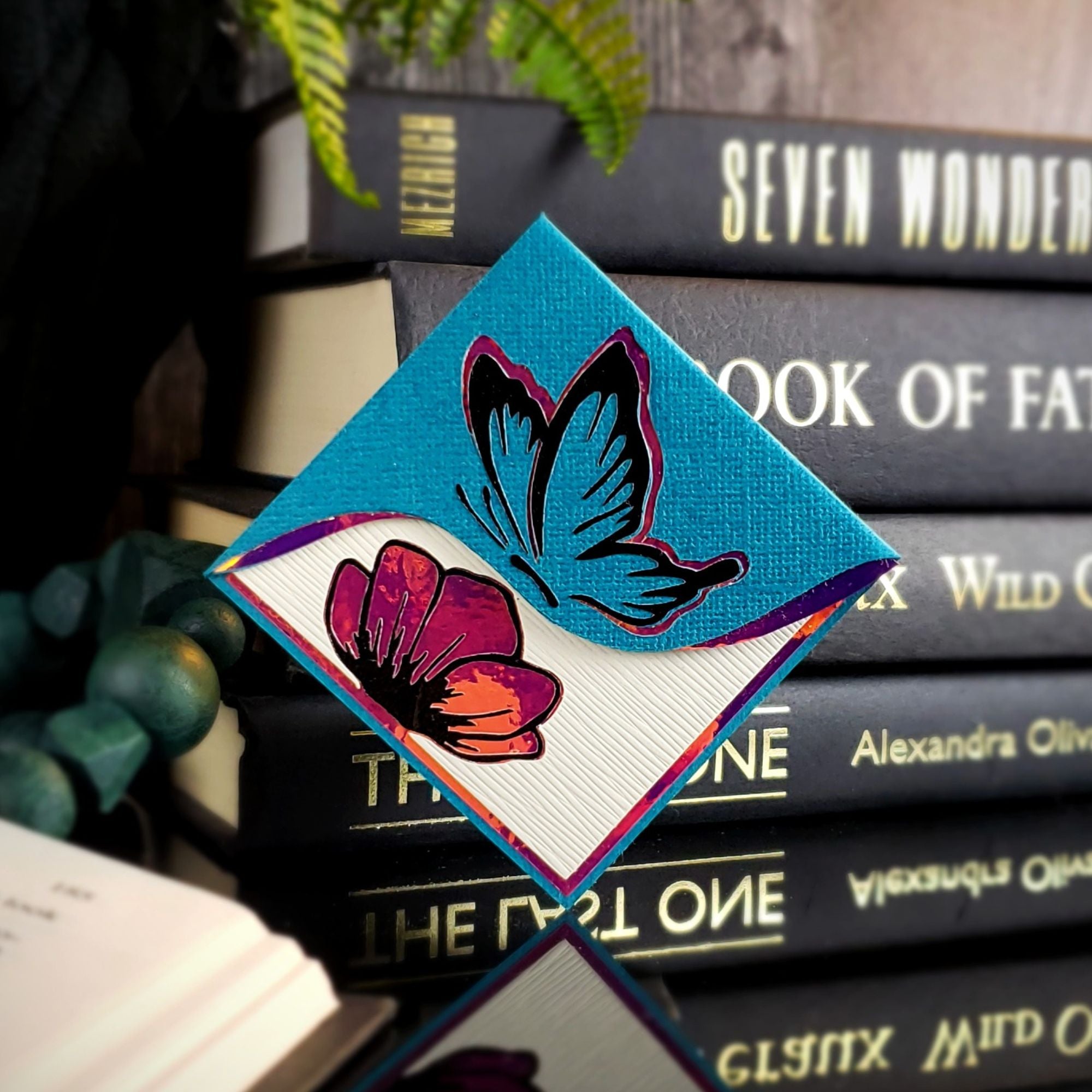 Teal Butterfly Poppy Signature Corner Bookmark