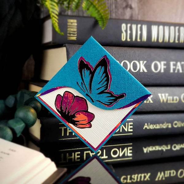 Teal Butterfly Poppy Signature Corner Bookmark