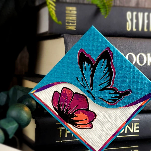 Teal Butterfly Poppy Signature Corner Bookmark