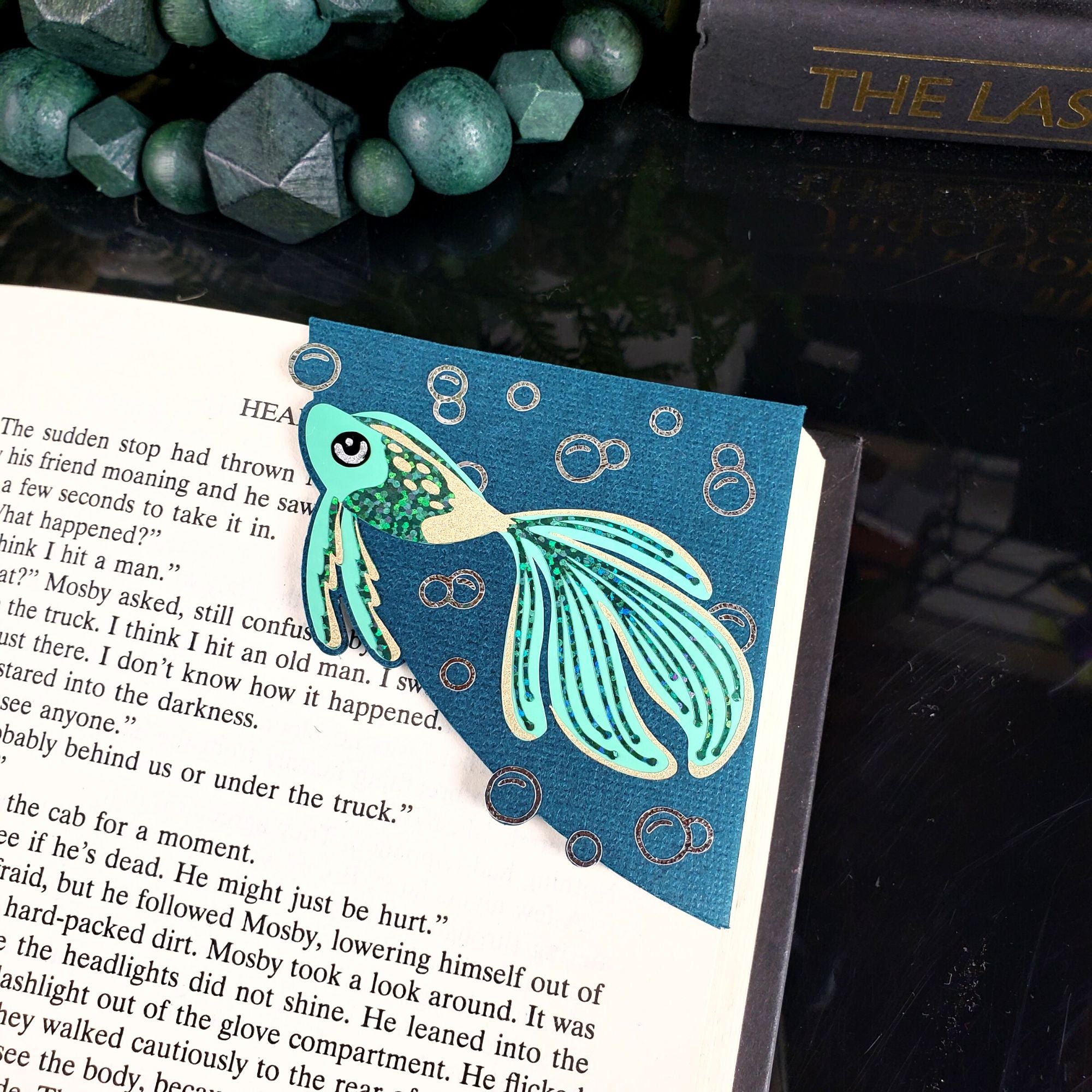 Green Glitter Fish Paper Corner Bookmark