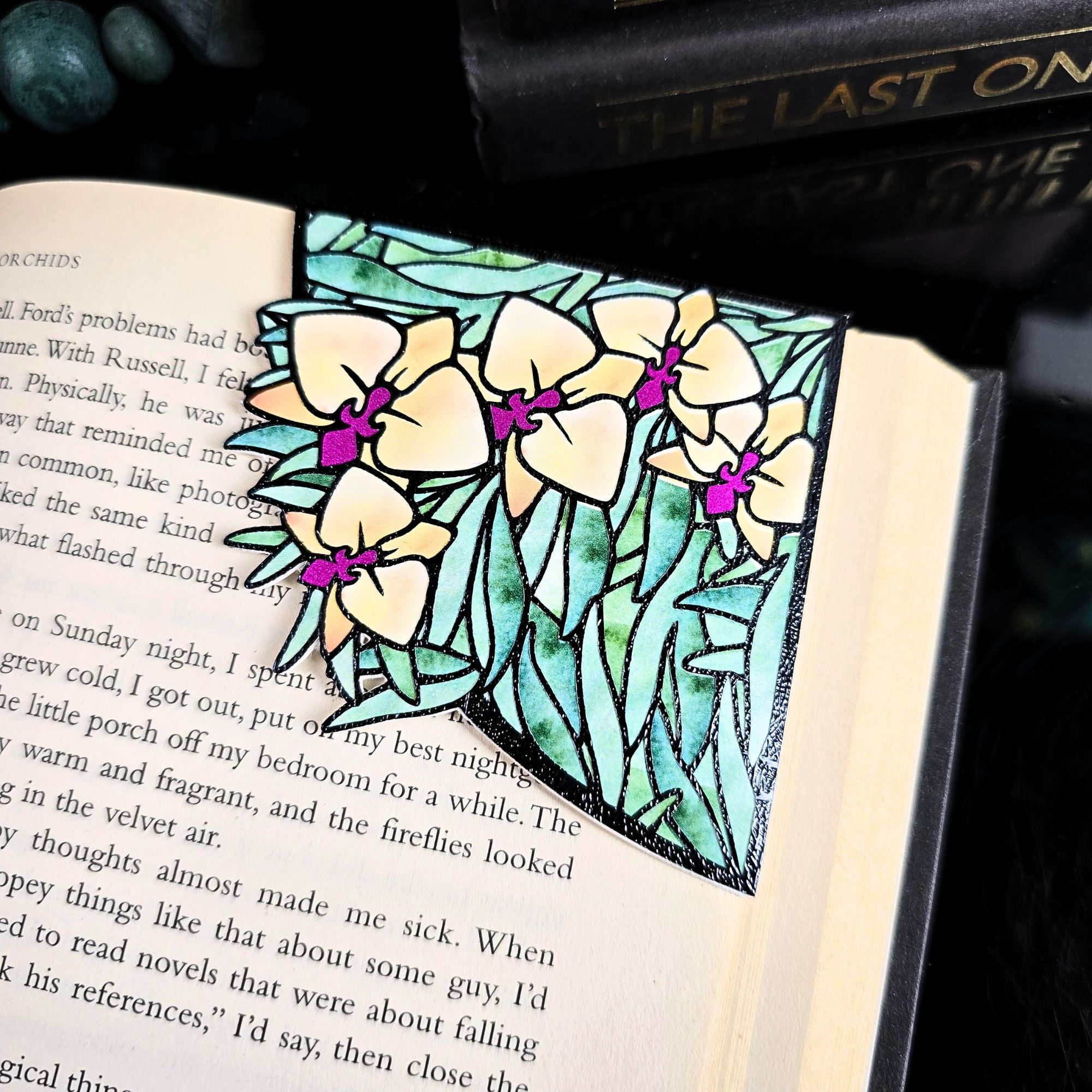 Stained Glass Orchid Deluxe Handmade Corner Bookmark