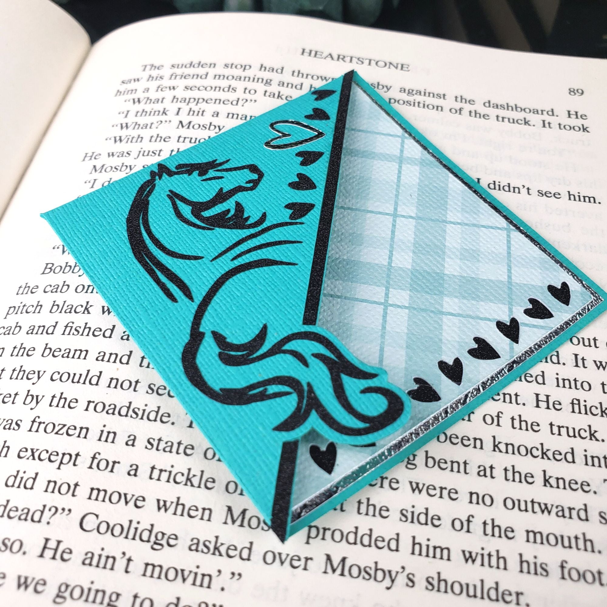 Blue Horse + Hearts Paper Corner Bookmark