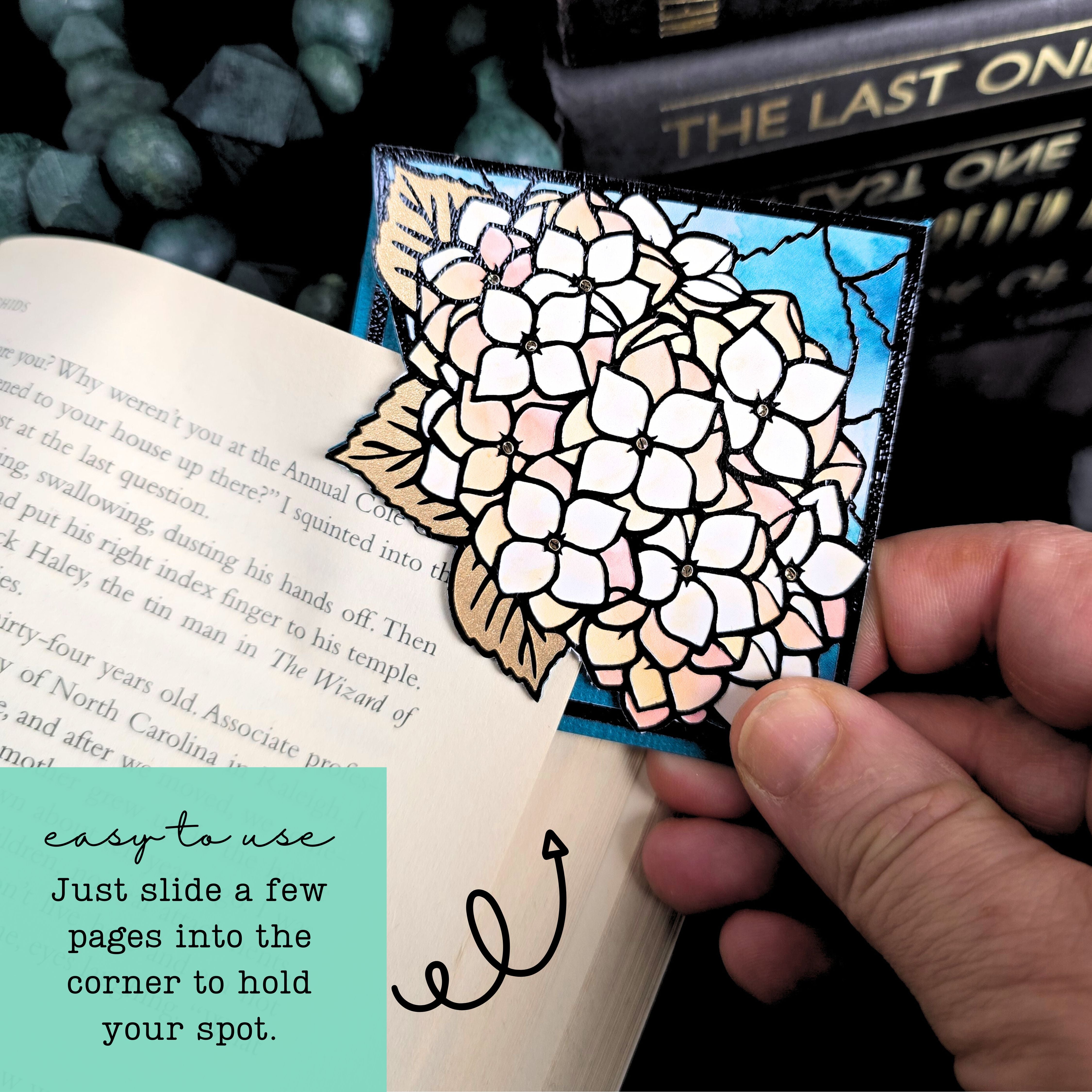 Stained Glass Pale Hydrangea Deluxe Handmade Corner Bookmark