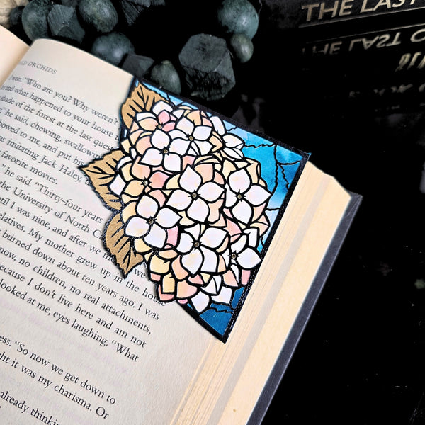 Stained Glass Pale Hydrangea Deluxe Handmade Corner Bookmark