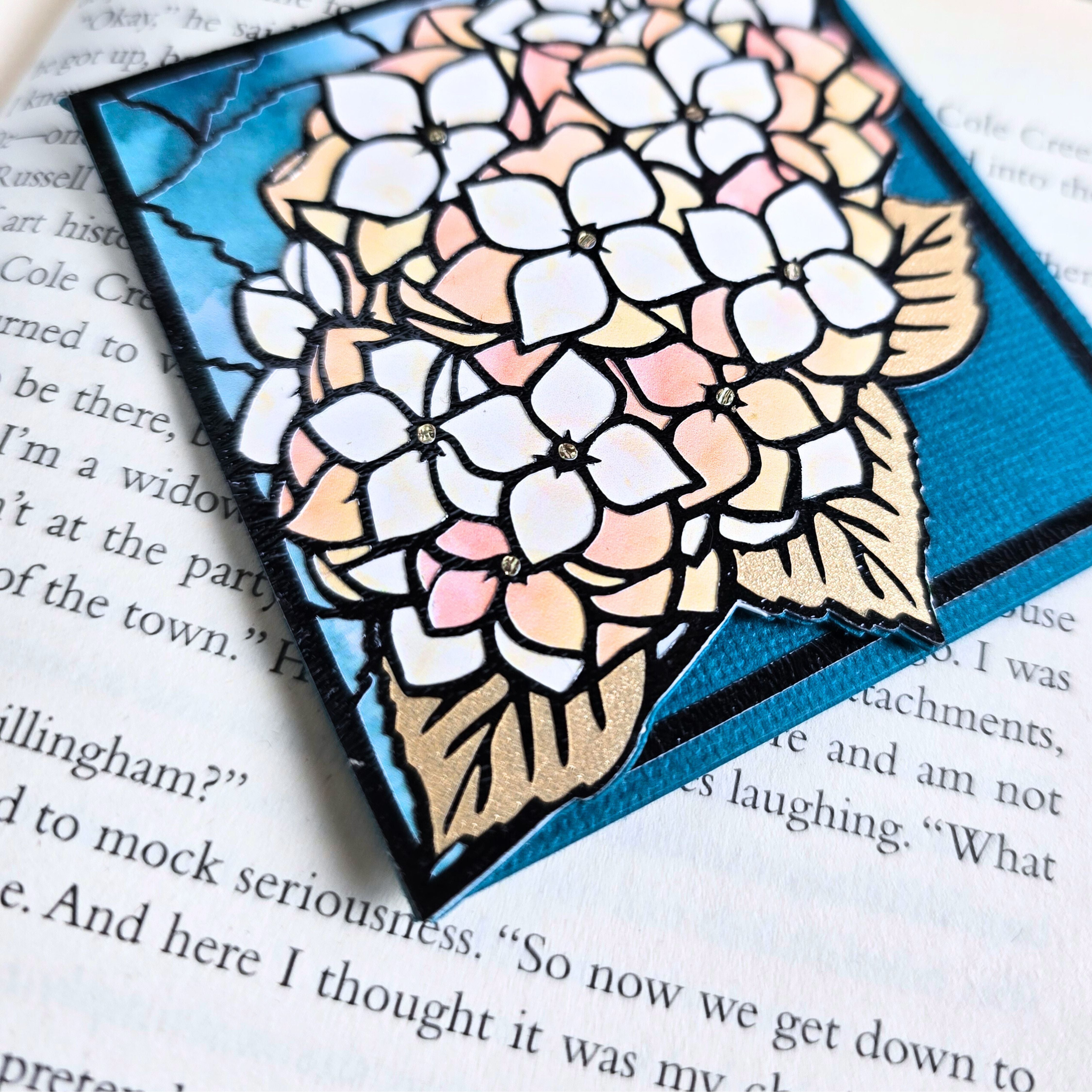 Stained Glass Pale Hydrangea Deluxe Handmade Corner Bookmark