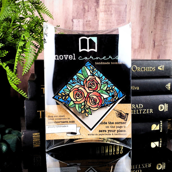 Stained Glass Roses Deluxe Handmade Corner Bookmark