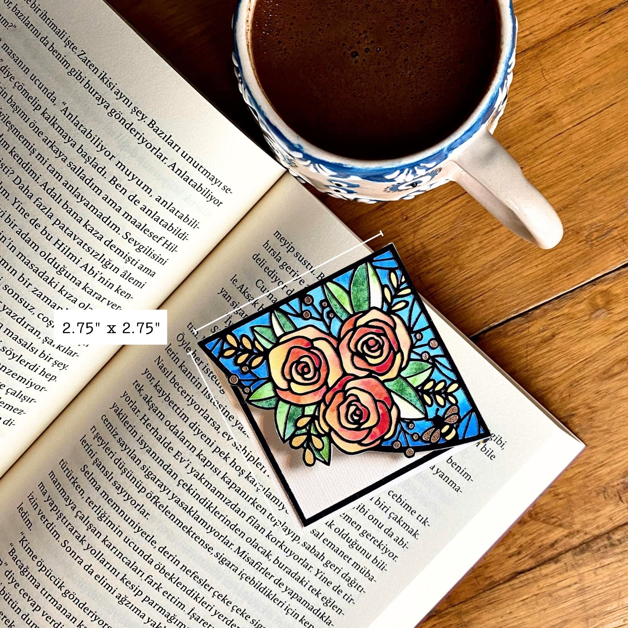 Stained Glass Roses Deluxe Handmade Corner Bookmark