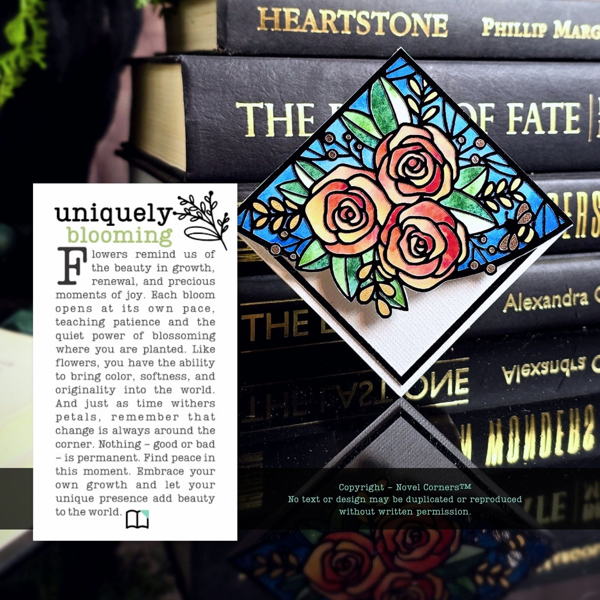 Stained Glass Roses Deluxe Handmade Corner Bookmark