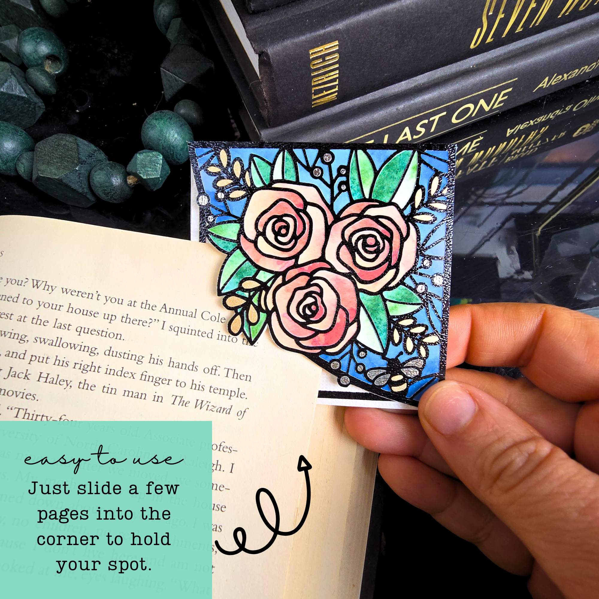Stained Glass Roses Deluxe Handmade Corner Bookmark