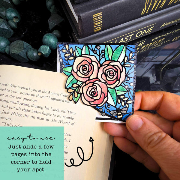 Stained Glass Roses Deluxe Handmade Corner Bookmark