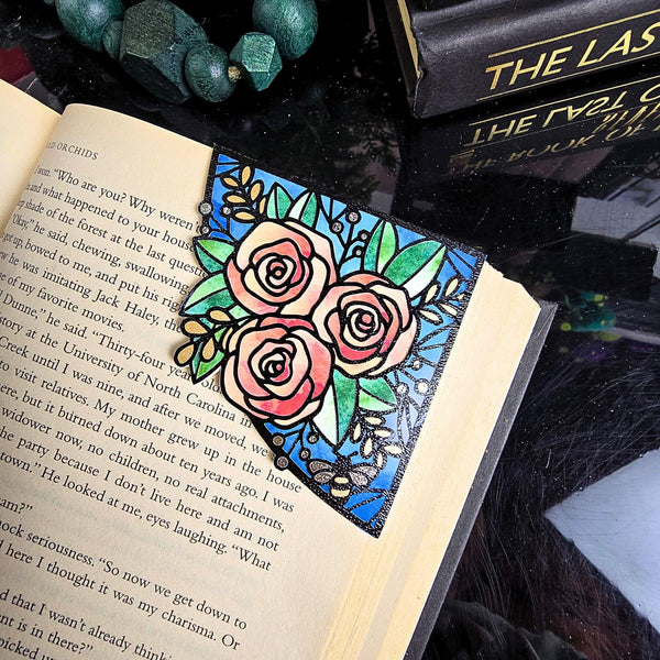 Stained Glass Roses Deluxe Handmade Corner Bookmark