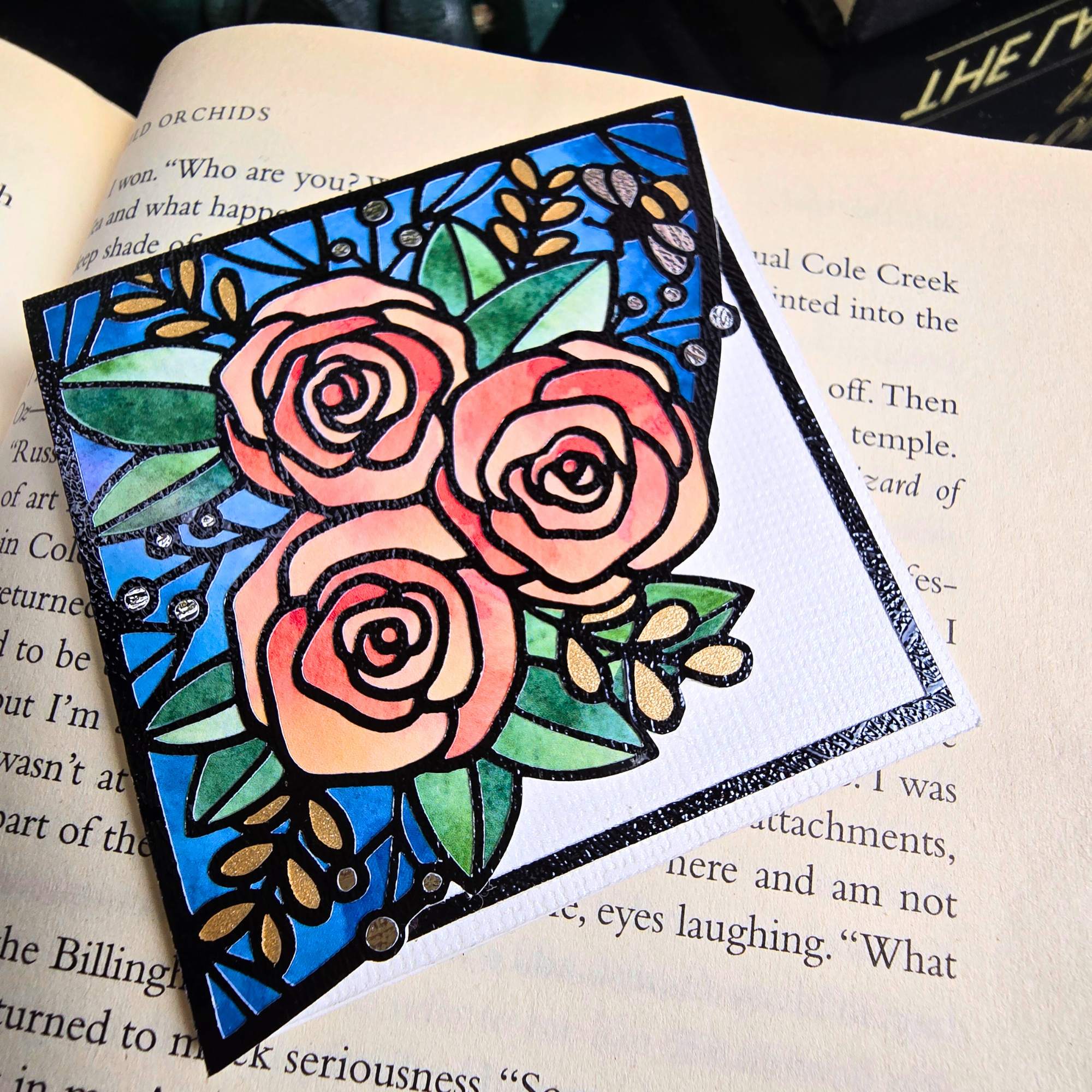 Stained Glass Roses Deluxe Handmade Corner Bookmark