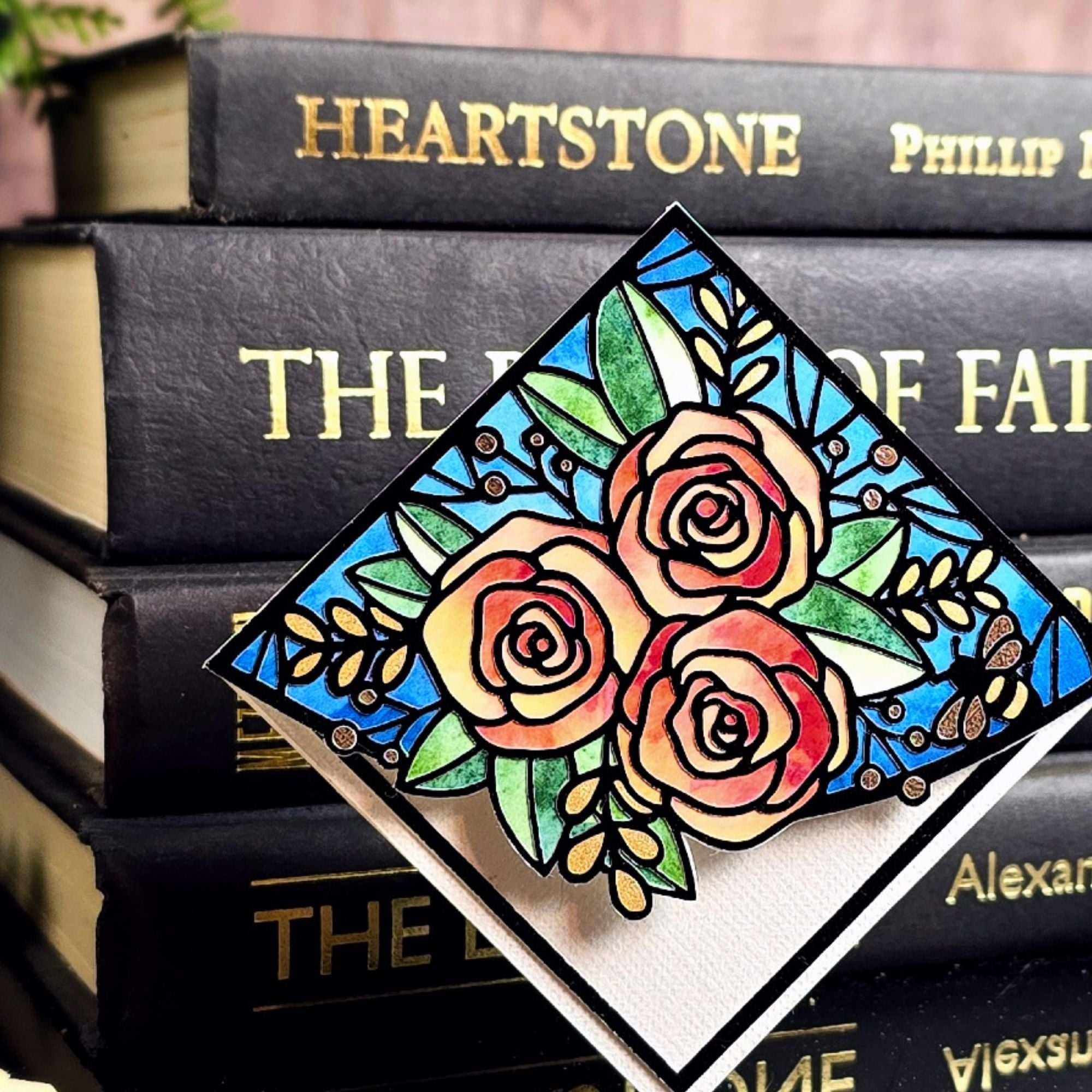 Stained Glass Roses Deluxe Handmade Corner Bookmark