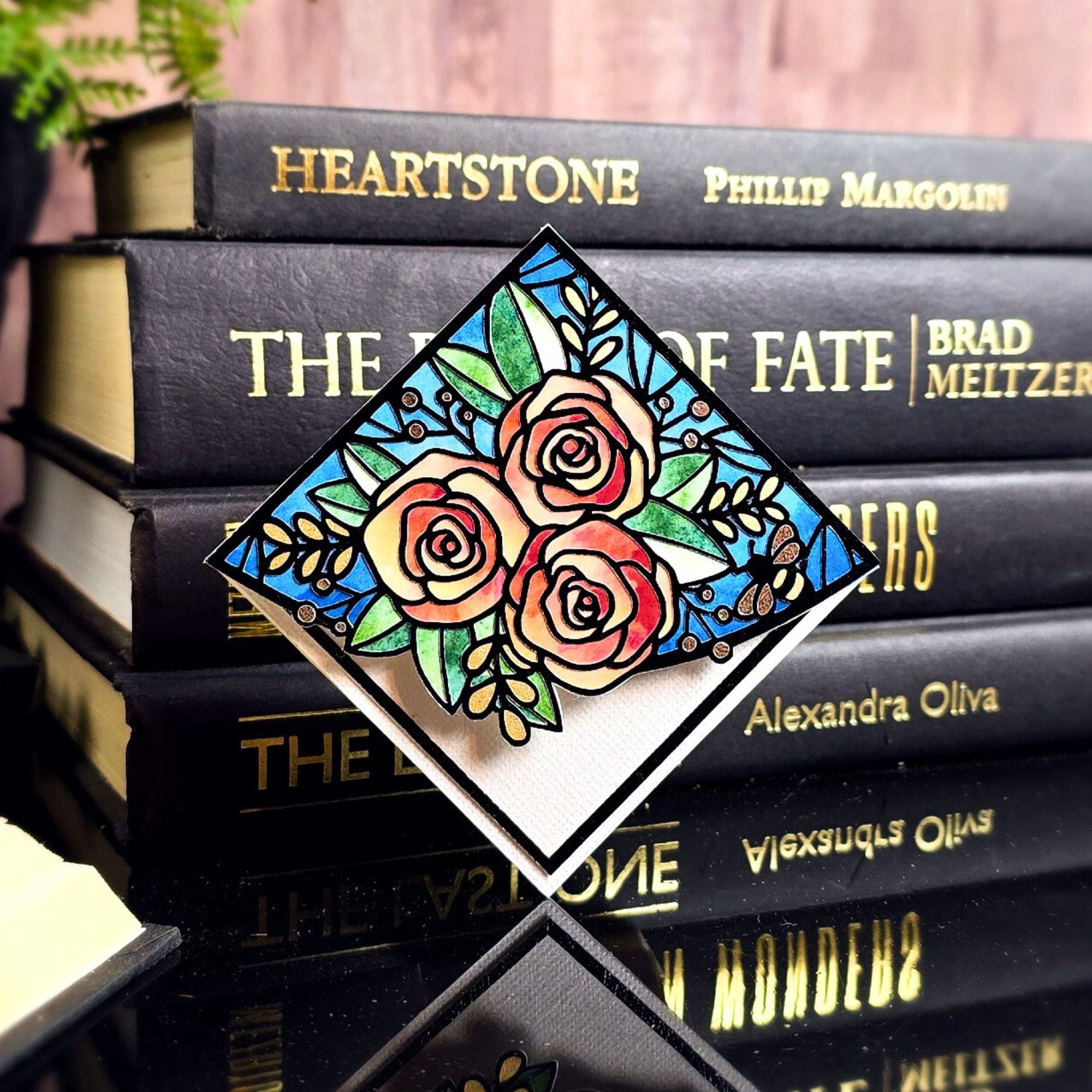 Stained Glass Roses Deluxe Handmade Corner Bookmark