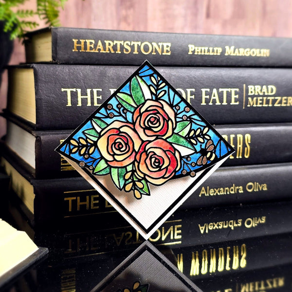 Stained Glass Roses Deluxe Handmade Corner Bookmark