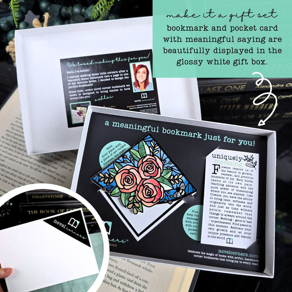 Stained Glass Roses Deluxe Handmade Corner Bookmark